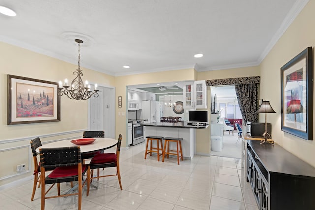 dining room with light tile patterned floors, a notable chandelier, recessed lighting, and crown molding