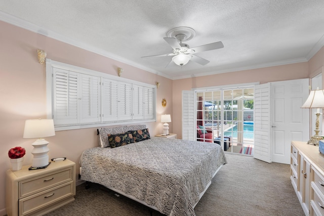 bedroom with dark carpet, a textured ceiling, a ceiling fan, and ornamental molding