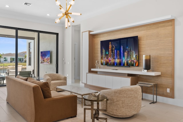 interior space featuring baseboards, recessed lighting, visible vents, and a chandelier