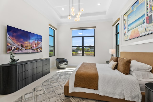 bedroom with recessed lighting, an inviting chandelier, a raised ceiling, and carpet