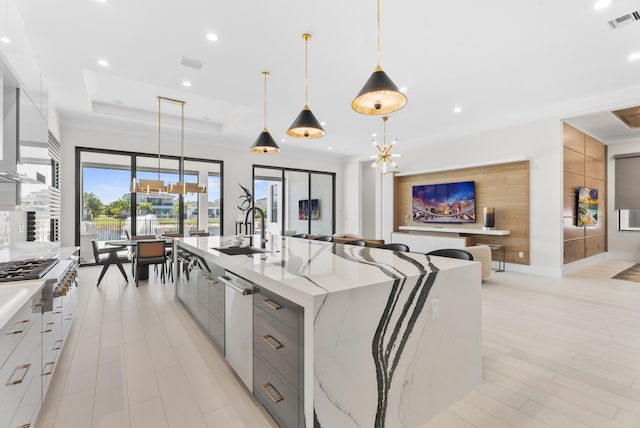 kitchen with a sink, visible vents, a raised ceiling, and modern cabinets