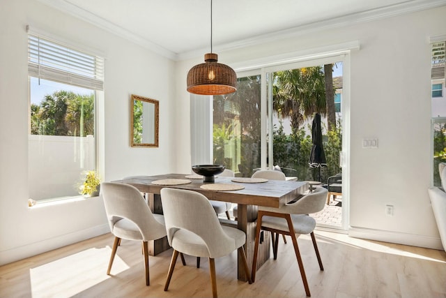 dining space featuring a healthy amount of sunlight, light wood-type flooring, crown molding, and baseboards