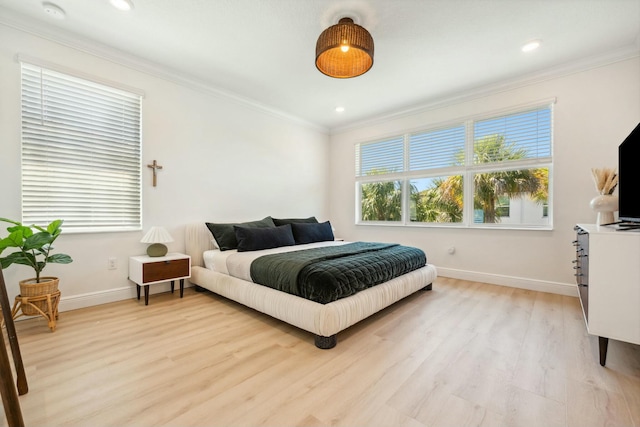 bedroom featuring recessed lighting, baseboards, ornamental molding, and light wood finished floors