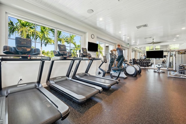 exercise room featuring recessed lighting, wooden ceiling, ceiling fan, and ornamental molding