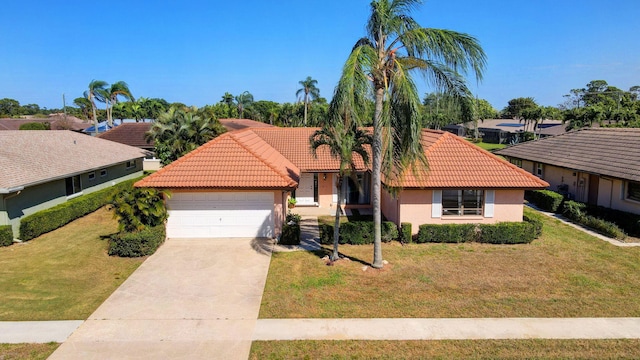 view of front of home with a front lawn, a tiled roof, and stucco siding