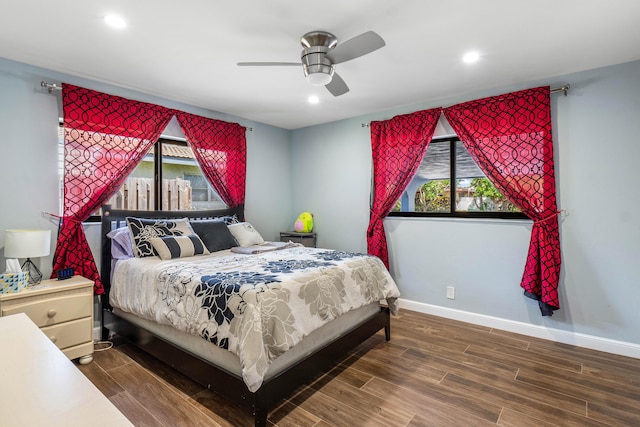 bedroom with recessed lighting, baseboards, wood finished floors, and ceiling fan