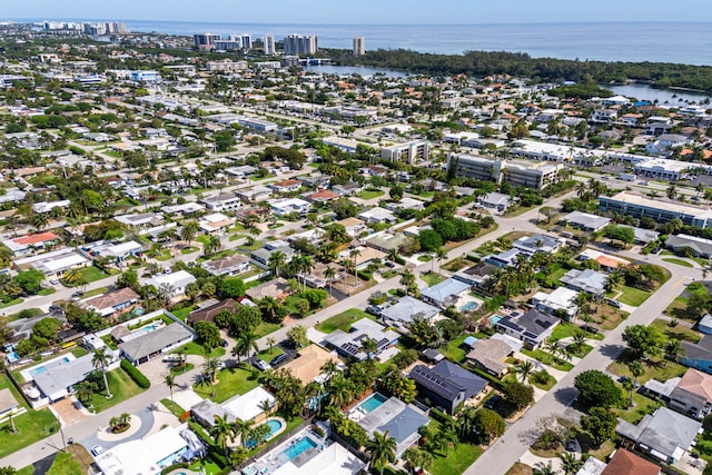 aerial view featuring a water view