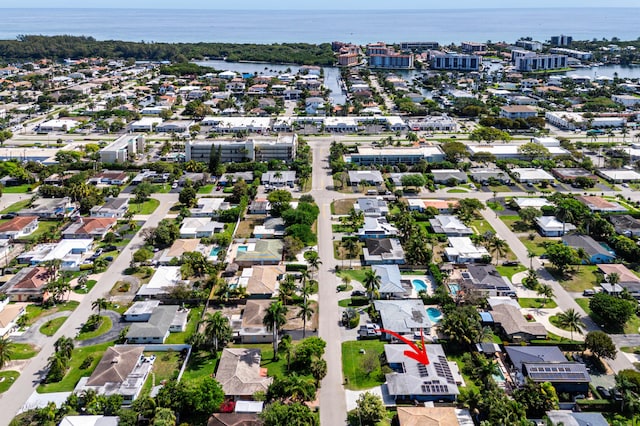 drone / aerial view featuring a water view