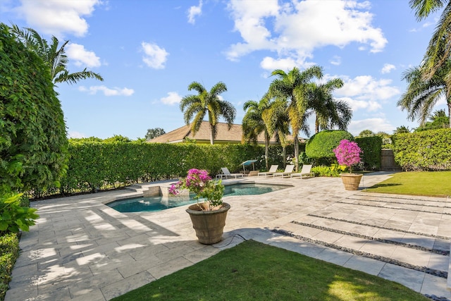 view of pool with a fenced in pool, a fenced backyard, and a patio area