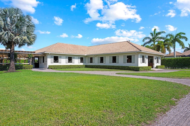 view of front facade featuring stucco siding and a front lawn