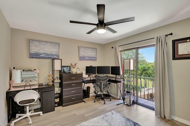 office space featuring baseboards, light wood-type flooring, and a ceiling fan