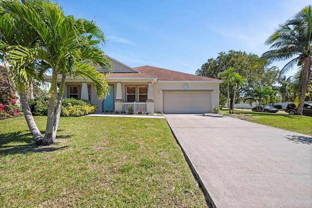 view of front facade featuring stucco siding, a porch, concrete driveway, an attached garage, and a front yard