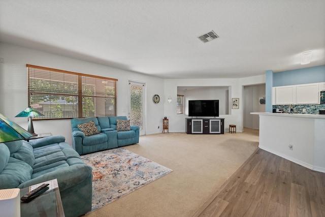 living area with light carpet, visible vents, and baseboards