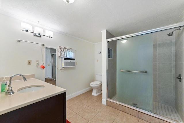 bathroom featuring tile patterned flooring, visible vents, toilet, a stall shower, and vanity