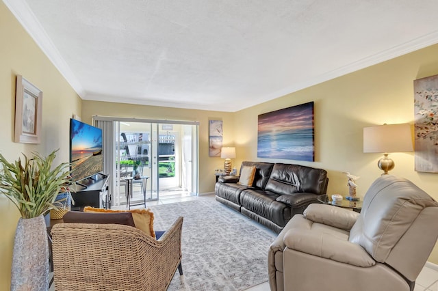 living room with baseboards and ornamental molding