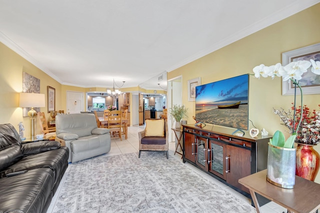 living room featuring an inviting chandelier, crown molding, and light tile patterned flooring