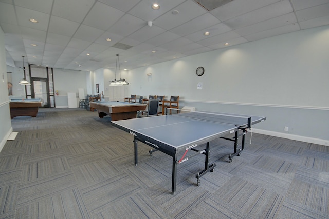 recreation room with baseboards, recessed lighting, a paneled ceiling, dark colored carpet, and billiards