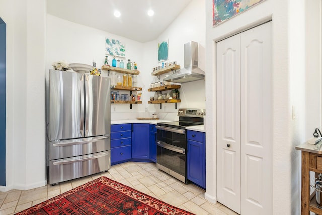 kitchen with appliances with stainless steel finishes, extractor fan, blue cabinets, open shelves, and light countertops