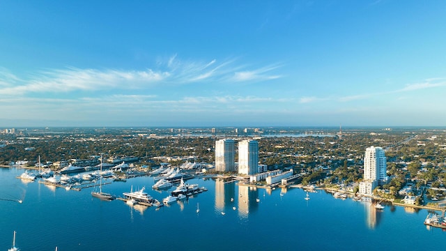 aerial view with a city view and a water view