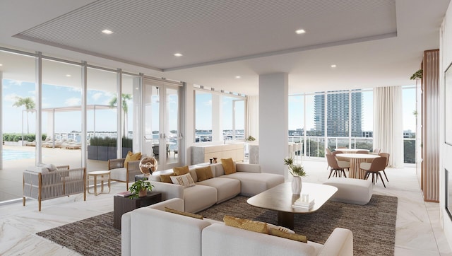 living area with recessed lighting, plenty of natural light, floor to ceiling windows, and marble finish floor