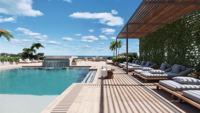 pool with an outdoor living space and a patio