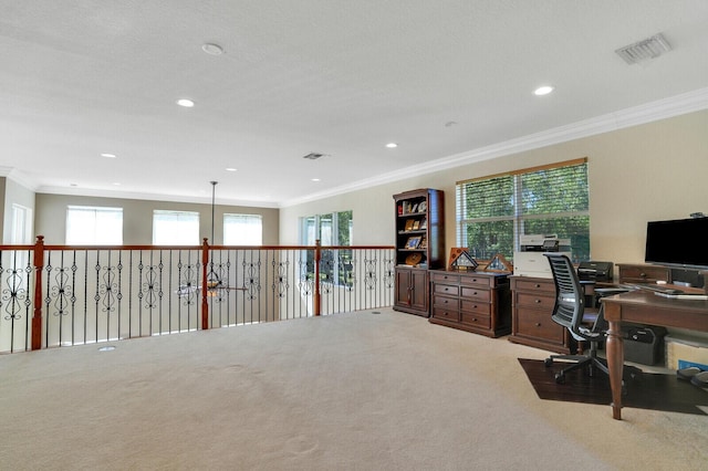 office area with recessed lighting, visible vents, light carpet, and crown molding