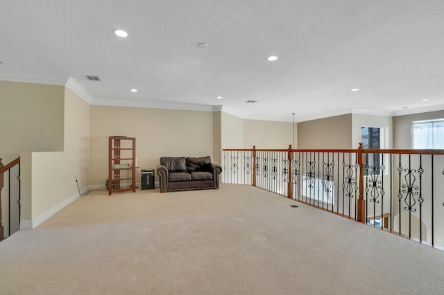 living area featuring carpet floors, recessed lighting, baseboards, and ornamental molding