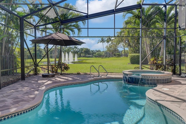 view of swimming pool with a patio area, a lawn, a pool with connected hot tub, and a lanai