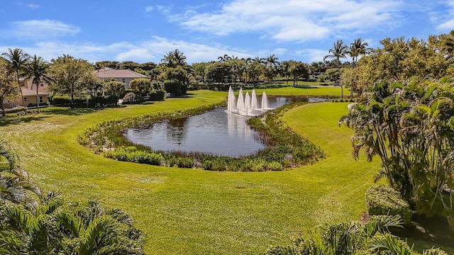 view of property's community featuring a lawn and a water view