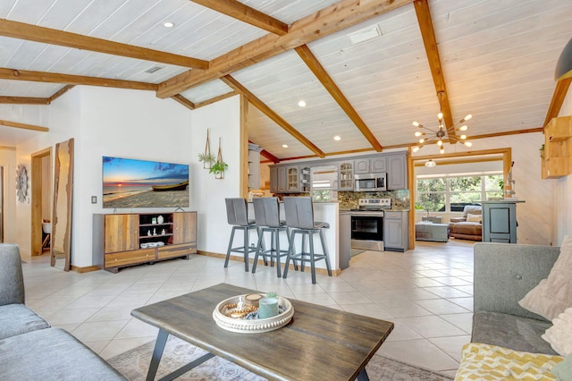 living area with lofted ceiling with beams, light tile patterned floors, wooden ceiling, and a chandelier