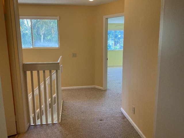 hall featuring carpet flooring, a healthy amount of sunlight, baseboards, and an upstairs landing