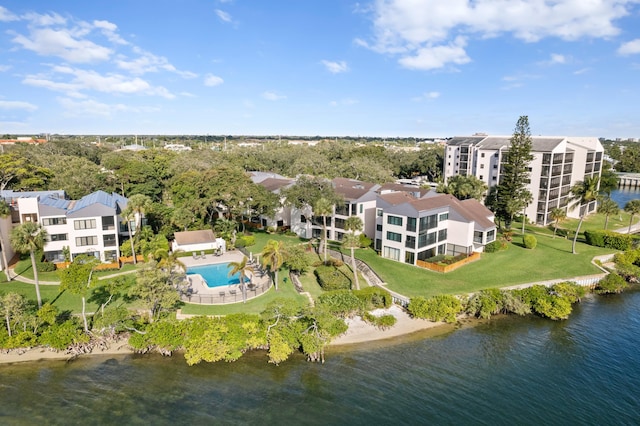 aerial view featuring a water view