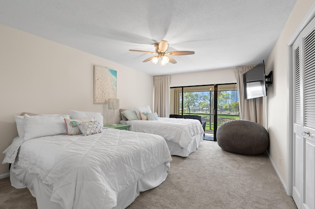 bedroom with access to exterior, baseboards, and light carpet