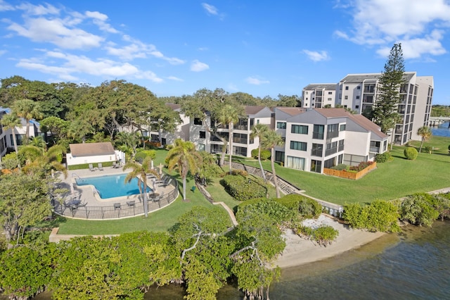 drone / aerial view featuring a water view