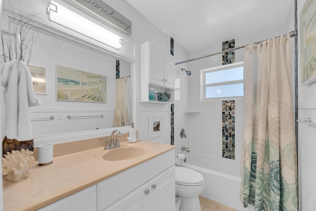 bathroom with vanity, toilet, and shower / bathtub combination with curtain