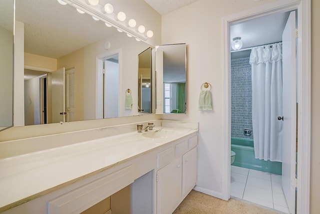 bathroom with vanity, baseboards, tile patterned flooring, toilet, and shower / tub combo with curtain