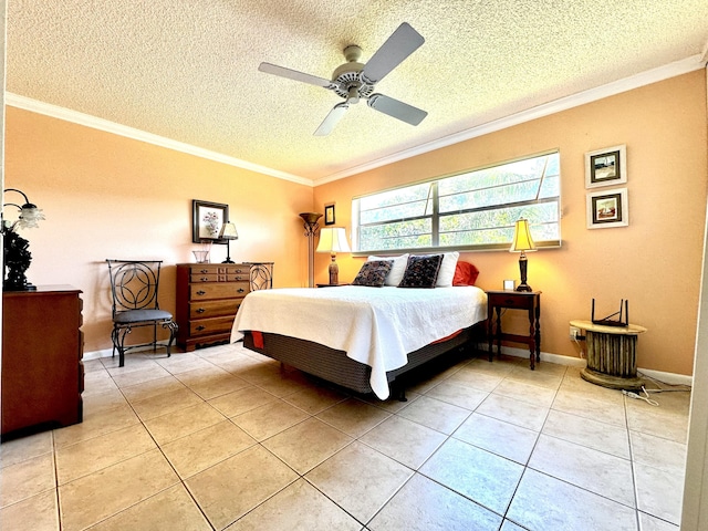 bedroom featuring a textured ceiling, crown molding, light tile patterned floors, baseboards, and ceiling fan