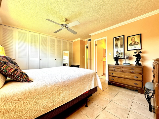 bedroom featuring light tile patterned floors, a textured ceiling, ceiling fan, and crown molding