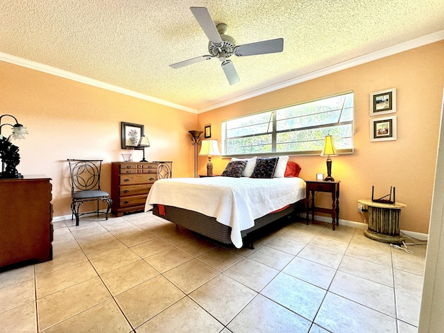 bedroom featuring baseboards, ceiling fan, ornamental molding, light tile patterned floors, and a textured ceiling