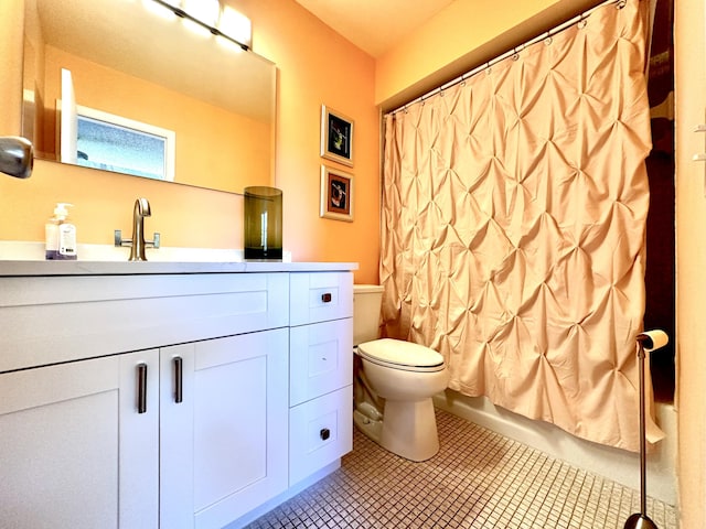 bathroom with vanity, toilet, shower / bathtub combination with curtain, and tile patterned flooring