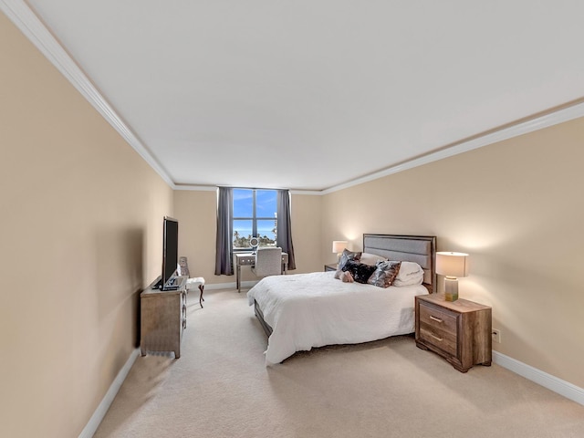 bedroom featuring light colored carpet, baseboards, and ornamental molding