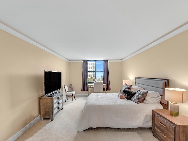 bedroom featuring light colored carpet, crown molding, and baseboards