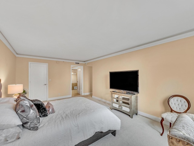 bedroom with visible vents, light colored carpet, baseboards, and ornamental molding