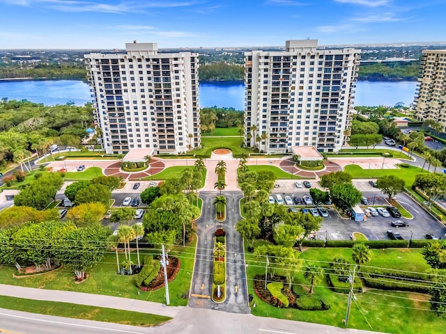 drone / aerial view with a water view