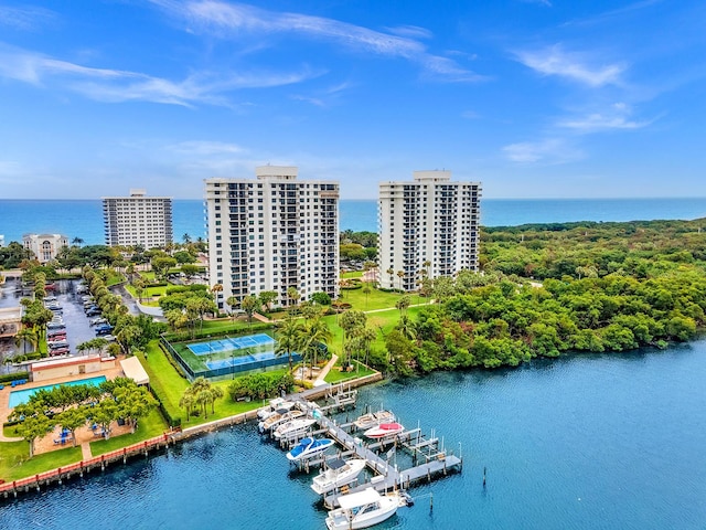 bird's eye view with a water view and a city view