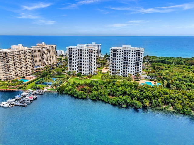 bird's eye view with a water view