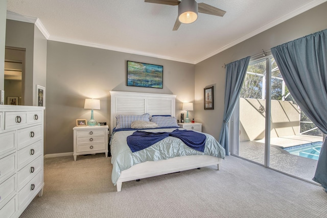 bedroom featuring access to outside, ornamental molding, baseboards, and light carpet