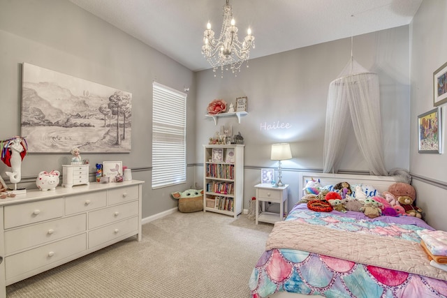 bedroom featuring baseboards, a chandelier, and light carpet