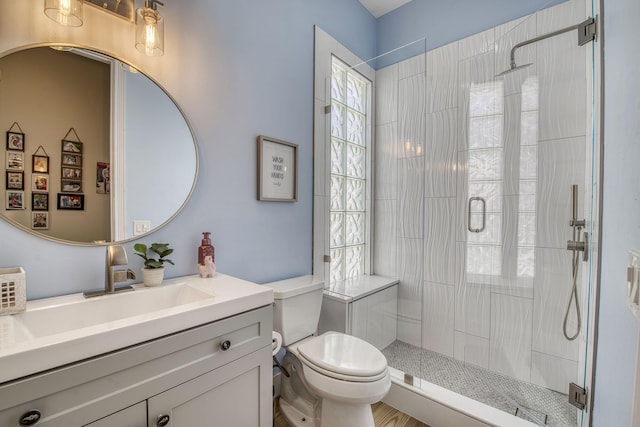 bathroom with a shower stall, toilet, and vanity