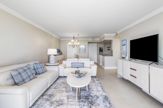 living area with light tile patterned floors, baseboards, an inviting chandelier, and ornamental molding